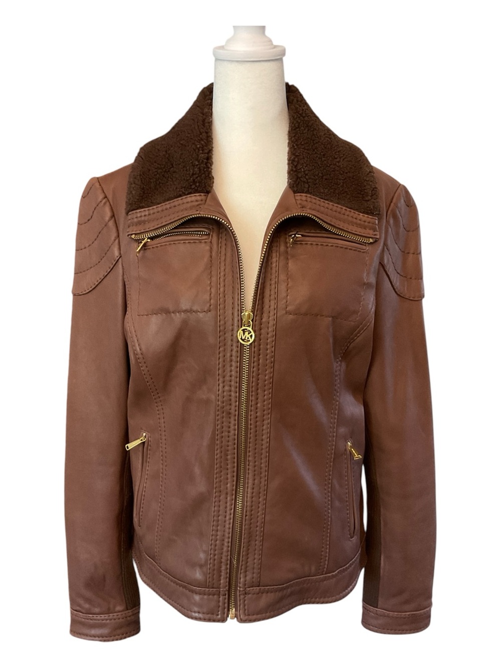 Michael Michael Kors Leather Jacket moto/aviator Sherpa/teddy Collar Women’s L